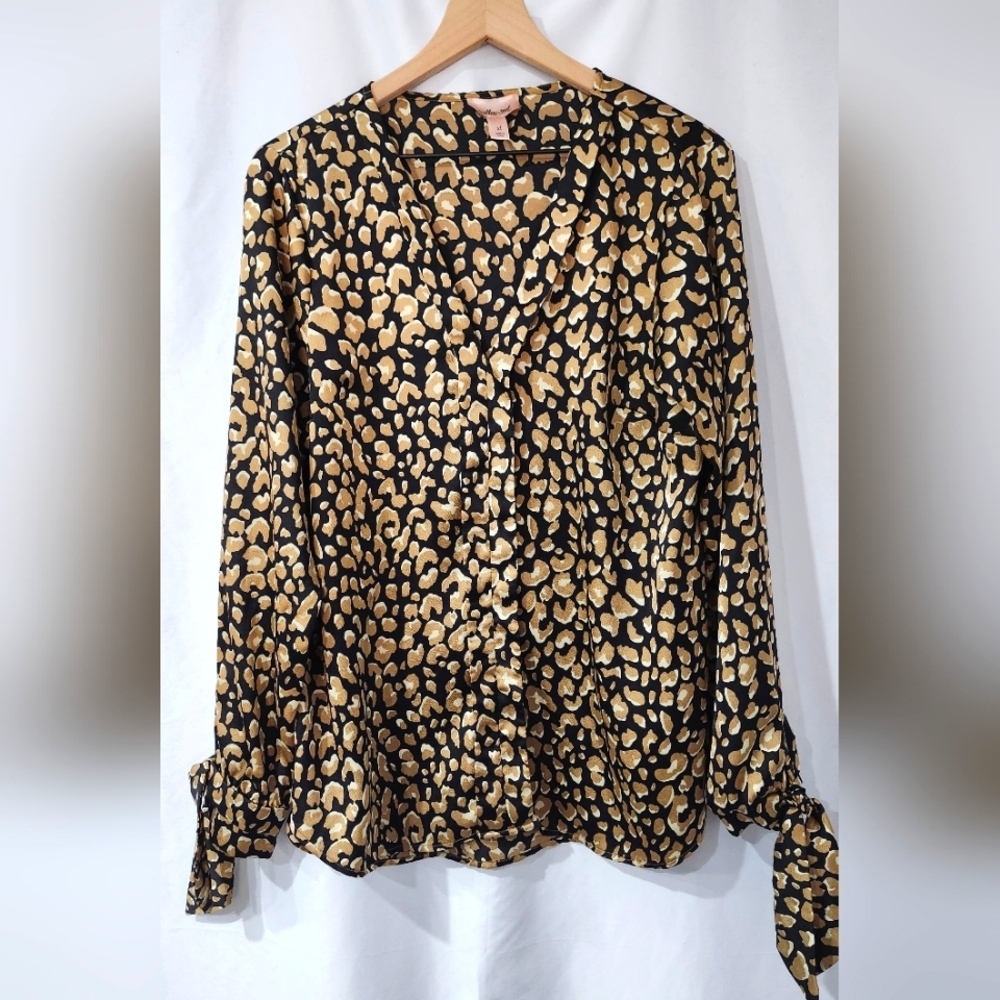 Willow + Root Womens Animal Print Top‎ Size XL Black Gold Satin Glam Mobwife